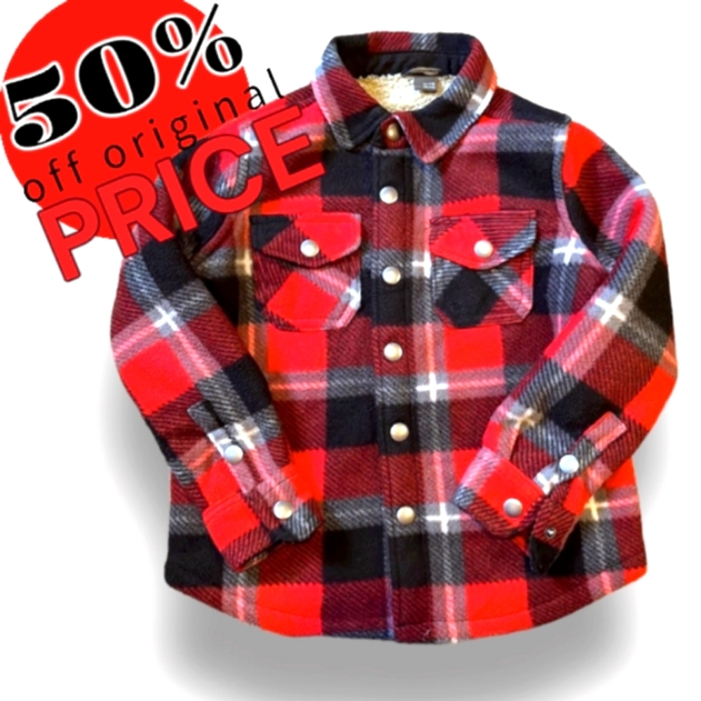 Eddie Bauer (kids sz 8) Sherpa Lined, Snap Front Red-Blk-White Plaid Jacket